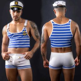 Set sexy JSy Sexy Sailor Uniforme Cosplay Lingerie Men Underwear Azulada Blue Vest Bodysuit lencería erótica porno viene los trajes de rol sexy T240513