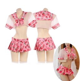 Sexy set Kwaii Strawberry Transparant beha panty ondergoed slaapkleding Japans sexy lolita meisje lingerie intimates zeileruniform 4Pieces p230428