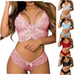 Sexy Set Dames Sangle Dentelle Crochet Découpe Teddy Lingerie Broderie Gaze Sous-Vêtements Push Up Soutien-Gorge Lenceria Sensual Mujer Y2302