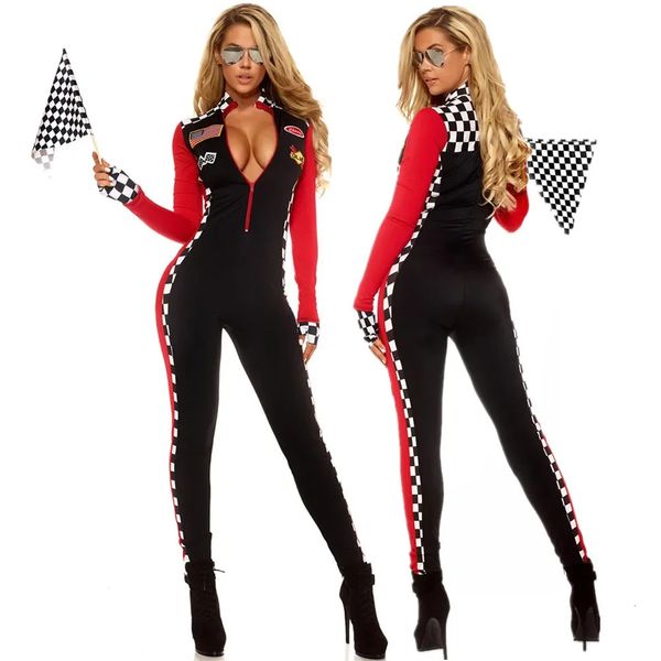 Ensemble sexy Lady Race Car Driver Costumes Manches longues Racer Girl Uniforme avec drapeaux Racing Combinaison Cosplay Halloween Costume 231216