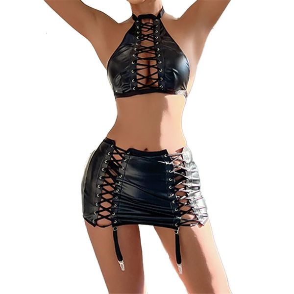 Ensemble sexy Lingerie en cuir 3 pièces soutien-gorge bandage mini jupe ensembles de sous-vêtements en latex femmes noir tenue coquine discothèque PVC ensembles sexy 23115