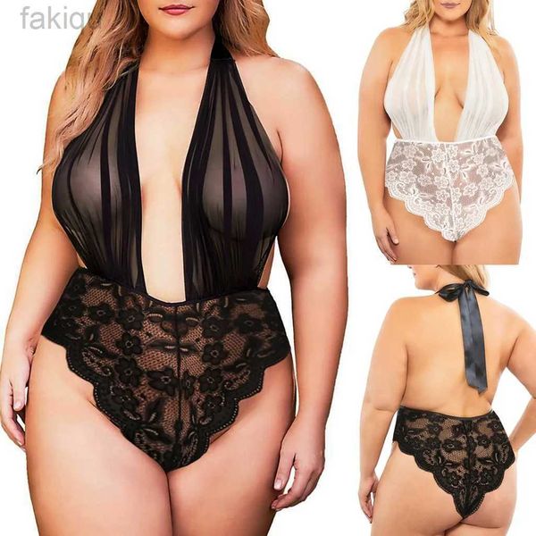 Ensemble sexy Lenceria sensuel Mujer pyjamas femmes dentelle col en v profond Teddy body licou dos nu combinaison Sexy ensemble de Lingerie grande taille 24319