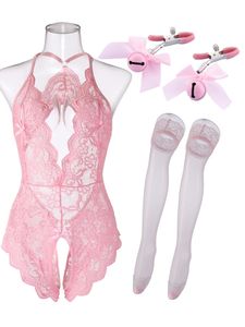 Sexy Set Lingerie Vrouwen Holle Erotische Pyjama Kant Nachthemd Sex Babydolls Crotchless Kleding Transparante Jurk Roze Party Nachtkleding 231017