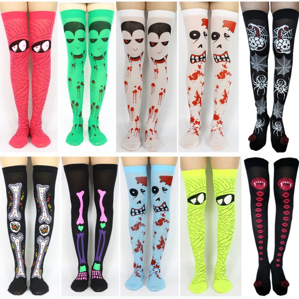 Ensemble sexy Nouveau Halloween Chaussettes de sang Squelette Long Tube Chaussettes Accessoires de vêtements de fête Chaussettes en soie imprimées sur les chaussettes au genou 230327