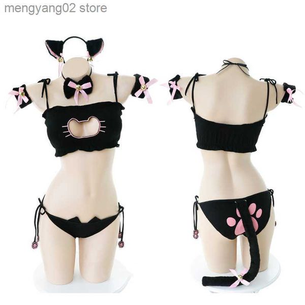 Sexy Set Belle Neko Cosplay Vient Mignon Lolita Chat Collier Percé Soutien-Gorge Bref Ensemble Sous-Vêtements Sexy Lingerie Cloche Tour De Cou + Haut + Culotte + Queue T230530