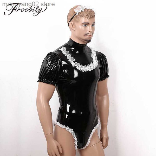 Sexy Set Hommes Adultes Sissy Maid Robes Cosplay Come Set Wetlook Clubwear Latex Cuir Puff Sleeve Justaucorps Body avec Bandeau En Dentelle T230531