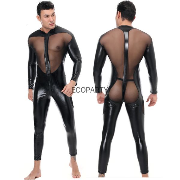 Sexy Set Hommes Faux Cuir Stretch Catsuit Transparent Mesh Zipper Ouvert Entrejambe Érotique Serré PVC Body Clubwear Fetish Costumes 230307