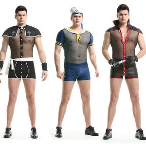 Conjunto sexy Hombres Malla transparente Traje porno Juego de rol sexy Conjunto de lencería marinera Hombre Club nocturno gay Rave Traje Erótico Diablo Cosplay UniformeHKD230703