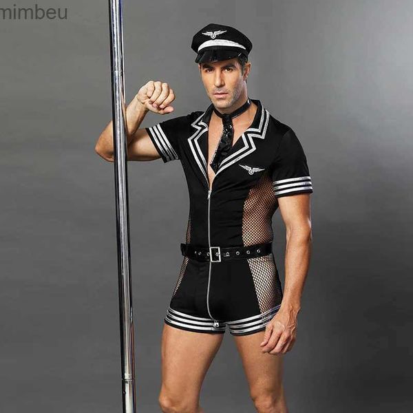 Conjunto sexy Hombres Policía Marinero Uniforme Cosplay Lencería erótica Malla PU Patchwork Wet Look Catsuit Ropa para sexo Juego de rol Night ClubwearL240122