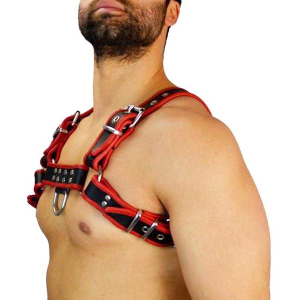 Conjunto sexy Hombres Rojo Negro Faux Leather Bulldog Pecho Arnés Chaleco Top Anillos Muscle Fetish Juego de rol TrajeHKD230703