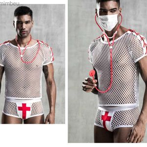 Ensemble sexy Vêtements en filet amusants pour hommes blanc sexy médecin amusant uniforme tentation docteur sexe jeu de rôle lingerie cosplay docteur sexy blancoL240122