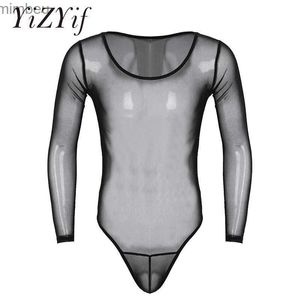 Ensemble sexy pour hommes, sous-vêtements transparents en maille, string transparent, combinaison à manches longues, col rond, coupe haute, lingerie, vêtements de nuitL240122