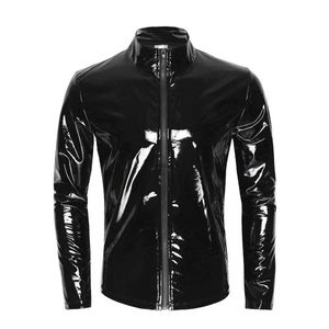 Sexy Set Hommes Sexy Brillant Wetlook Chemise En Cuir Érotique Façonnage Gaine Latex Manteau Occasionnel Mâle Brillant Métallisé PVC Veste En Cuir Tops Sexi