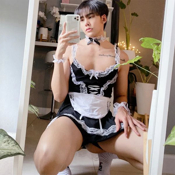 Ensemble sexy pour hommes Sissy Plus Size Lingerie Homme Cosplay Maid Outfit Dentelle Jarretelle Jupe Roleplay Crossdresser Gay Fetish Dress Suit 231017