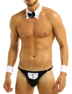 Sexy Set Heren Ober Lingerie T Terug Tuxedo Kostuum G-snaar Thong Jockstraps Homo Mannelijke Ondergoed met Vlinderdas Kraag Pols manchet 231017