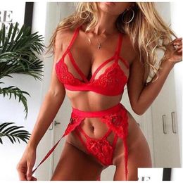 Sexy Set Nieuwe 3 Stuks Vrouwen Y Rode Jarretellegordel Beha En String Erotische Lingerie Ondergoed Kostuums 7044584 Drop Levering Gezondheid schoonheid Otzan