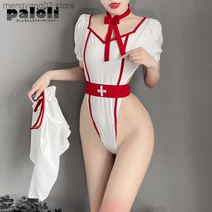 Sexy Set Pli Backless Diepe V-hals Vrouwen Verpleegster Uniform See Through Patchwork Cosplay Come Tempatation Sexy Bodysuit Japanse set Nieuwe T230531