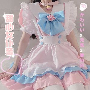 Sexy Set Plus Size 5XL Vrouwen Maid Outfit Cosplay Anime Lolita Kostuum Leuke Kat Roze Blauw Kant Trim Schort kat Poot Lolita Jurken Volledige SetHKD230703