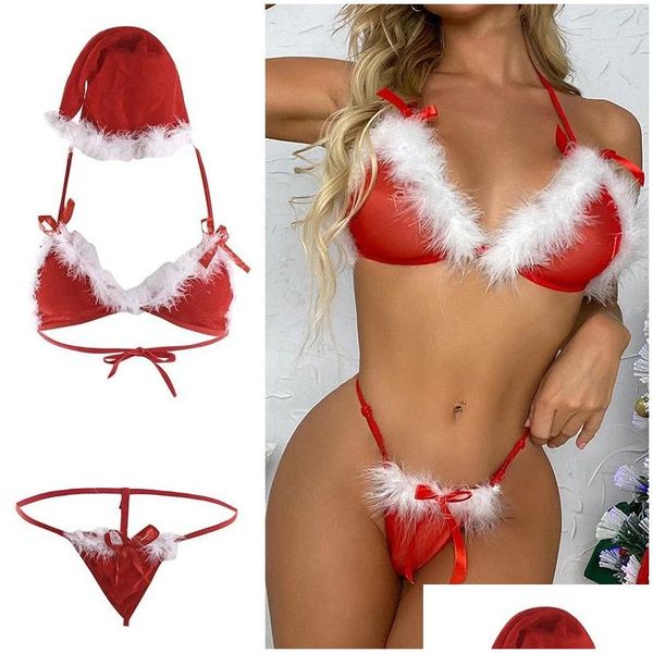 Conjunto sexy Lencería de Papá Noel Señora Navidad Rojo Veet Conjuntos de bikini esponjoso Sujetador Tanga Tanga Sombrero 3 piezas Vendaje exótico con plumas 231129 Dr Ote69