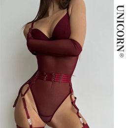 Ensemble sexy sexe body en dentelle ajusté sexy voir à travers le corps costume gants bordeaux jarretière tenue de boîte de nuit Sissy haut en maille sans entrejambe 231214