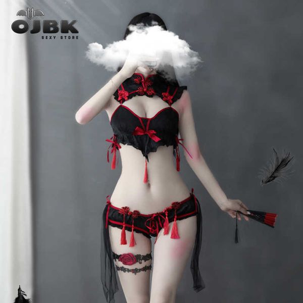 Sexy Set Sexy Cosplay Vestido tradicional para mujer Gothic Punk Little Devil Bra Set Negro Rojo Cheongsams Fiesta Moda Color sólido Satén VHKD230703