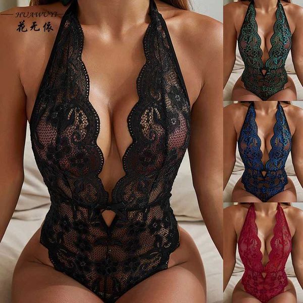 Ensemble sexy sexy sans entrejambe bleu lingerie femme dentelle soutien-gorge creux ensemble costumes érotiques Teddy bébé poupée robe profonde V soutien-gorge ouvert ensemble de sous-vêtements