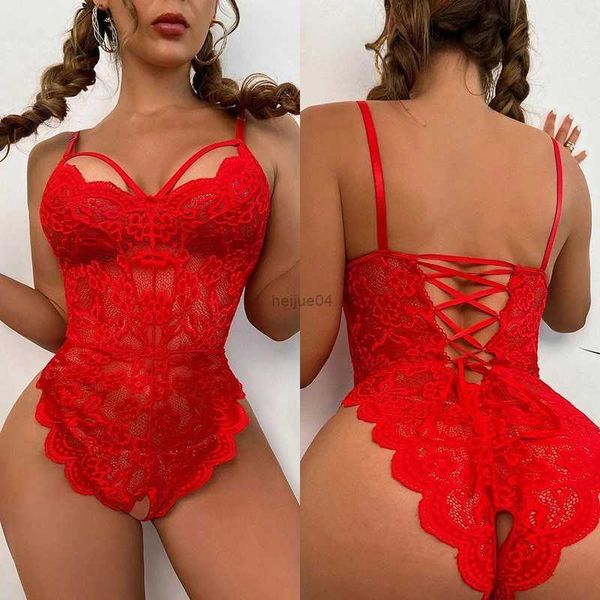 Ensemble sexy sexy sans entrejambe rouge lingerie femmes dentelle dos bandage soutien-gorge ensembles costumes érotiques Teddy bébé poupée robe ouverte porno sous-vêtements ensemble