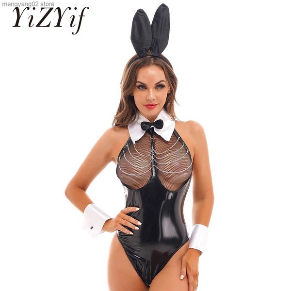 Sexy Set Sexy Cute Halloween Bunny Girl Cosplay Come Faux Leather Rabbit Mujer Set Mesh Chest Zipper Crotch Body Fancy Dress Up T230531
