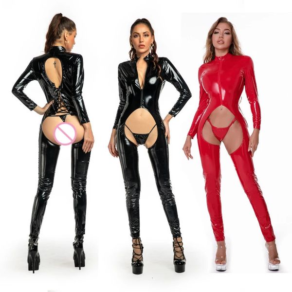 Ensemble sexy Sexy en cuir brillant femme body complet entrejambe ouvert pansement justaucorps évider montrer les hanches Erotica Lingerie vêtements intimes sexe 231027