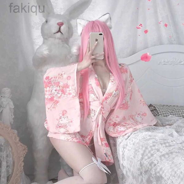 Ensemble sexy sexy japonais rose kawaii kimono cosplay lingerie tenue de style traditionnel robe tentation costumes pyjamas ceinture set for women 24319