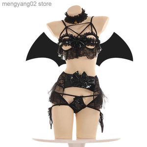 Sexy Set Sexy Lace Bat Lencería Pu Cuero Little Demon Mujeres Devil Cosplay Bikini Open Cup Bra Set Lolita Anime Wings Ropa exótica T230530