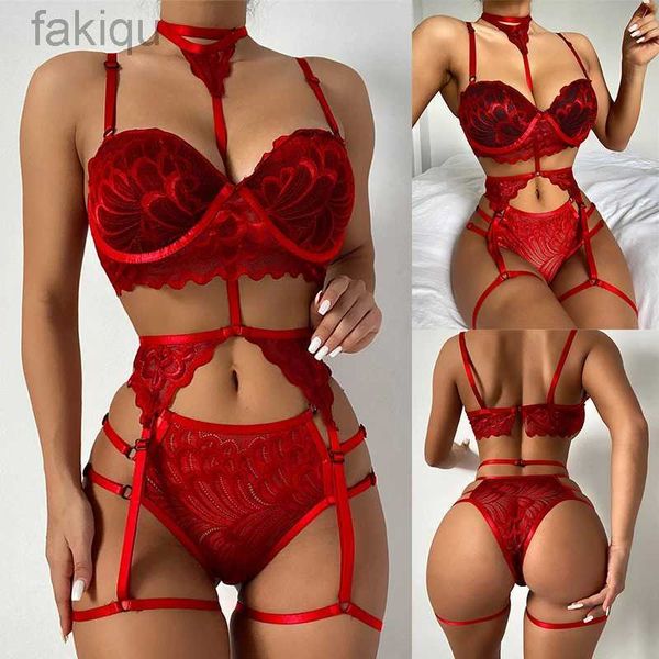 Ensemble sexy Ensemble de lingerie sexy pour femmes dentelle maille voir à travers des jarretelles creuses string soutien-gorge push up femme porno costume érotique sous-vêtements S 24322