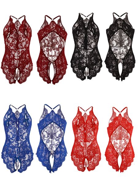 Ensemble sexy Sexy ouvert entrejambe bleu Lingerie femmes dentelle Teddy body grande taille érotique nuisette robe profonde V soutien-gorge sous-vêtements ensemble 230426