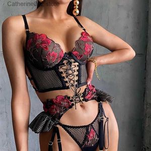 Ensemble sexy Sous-vêtements porno sexy Femmes Body Bandage Lingerie Ensemble Fleur Broderie Cosplay Vêtements Transparent Sous-vêtements en dentelle Costumes sexuels T231027