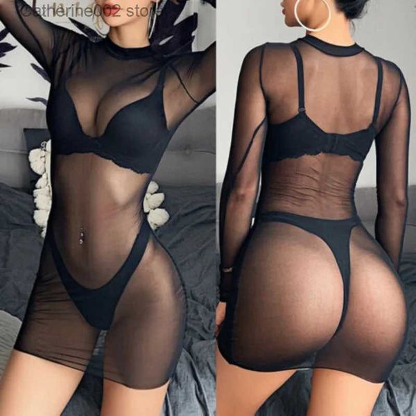 Ensemble Sexy Sexy pur fil de filet Transparent à manches longues haut court femmes robe Sexy Mini robe mince robe noire robe serrée T231027