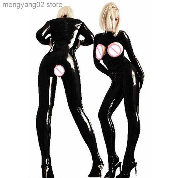 Sexy Set Sexy PVC Latex Catsuit Mujeres Negro wetlook Faux Leather Open Bust Body gay caliente erótico Come Open Crotch Jumpsuit lencería T230530