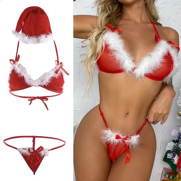 Conjunto sexy Lencería sexy de Santa Señora Navidad Terciopelo rojo Conjuntos de bikini esponjoso Sujetador Tanga Tanga Sombrero 3 piezas Vendaje Conjunto exótico con plumas 231218