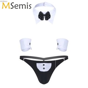 Set sexy set sexy 3pcs mens serveur smoking lingerie sexy cosplay remettez en arrière g-string jockstraps inside avec collier de nœud baissier et bracelets C240410