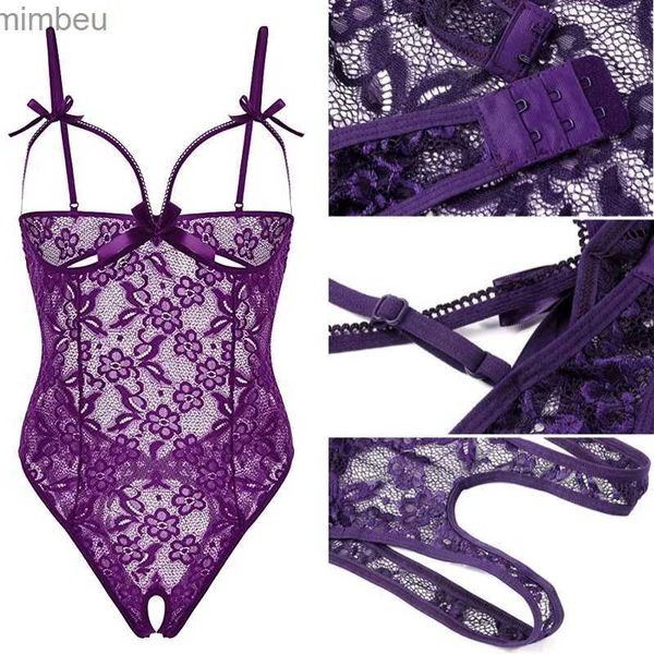 Ensemble sexy ensemble sexy vin violet en dentelle rouge transparent Teddies Lingerie Femmes Sexy Brest Body ouverte BodySuit JupmSuit érotique Comes C240410