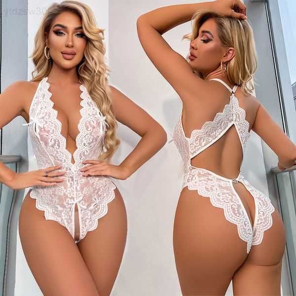 Conjunto sexy Ropa interior sexy para mujer Conjunto de sujetador abierto transparente con cuello halter de encaje Disfraz porno Monos de peluche sin entrepierna en v profundo Conjunto de lencería erótica 221010HXSX