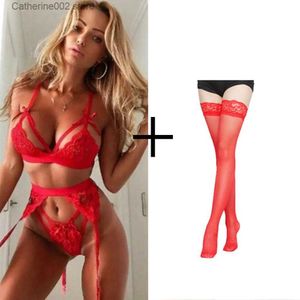 Sexy Set Sexy Vrouwen Ondergoed Set Babydoll Transparant Kanten Bh + jarretellegordel + String 3-delige Set Hot Erotische Bh Lingerie Set Porno Kleding T231027