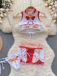 SEXE SETH SINGREINY COSPlay Costumes sexy 2023 MINE SEEVEL MINI TOP + Jupe mince courte + gaine Print Bikini Sweet Erotic Three Pieces Set 24319