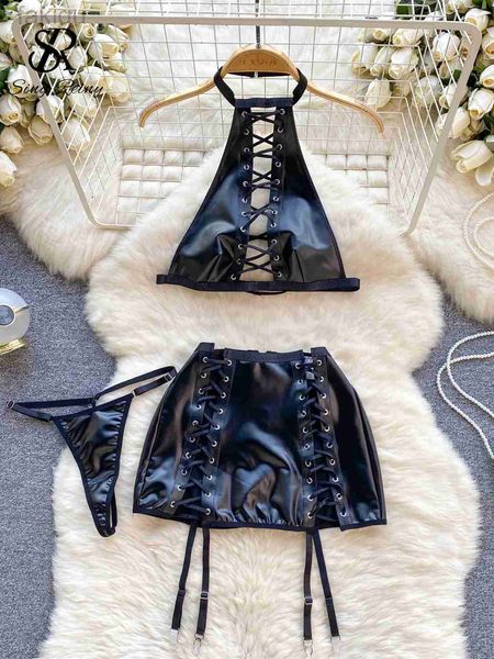 Ensemble sexy SINGREINY Lingerie érotique en cuir PU à lacets maille licou haut dos nu + mini jupe + tongs mode évider ensembles de sous-vêtements sexy 24319