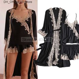 Sexe set épisser un pyjamas kimono robe set en dentelle courte en dentelle trois pièces satin de soirée d'été Q240426