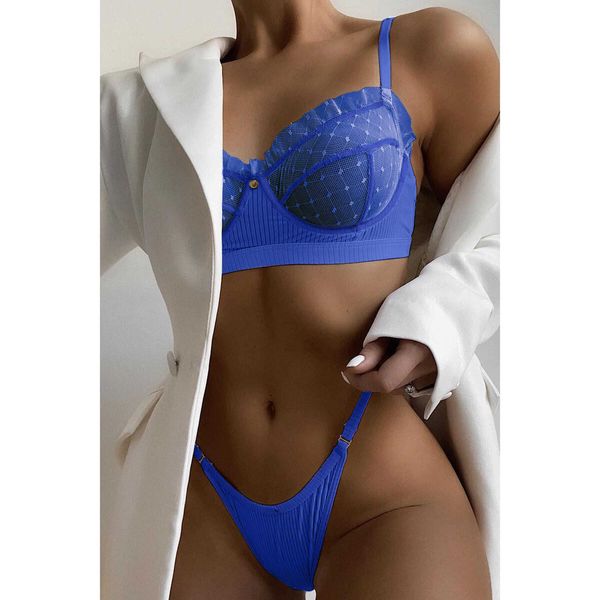 Ensemble Sexy en maille bleue pour femmes, Lingerie érotique, Bralette transparente, soutien-gorge en dentelle, culotte, sous-vêtements transparents, Y2302, nouvelle collection été 2022