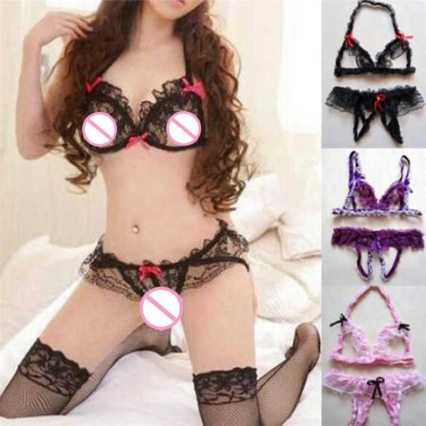 Conjunto Sexy de encaje para mujer, tangas con entrepierna abierta, Tanga, Bikini, lencería, ropa interior, sujetador erótico Y2302