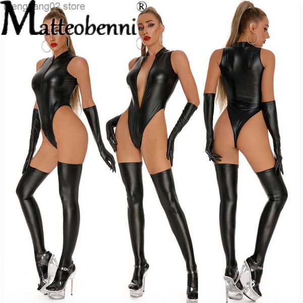 Sexy Set Mujeres PU Faux Leather Latex Body + Guantes + Medias Sexy Lencería de corte alto Medias sexy Catsuit One Piece Thong Stage Wear T230530