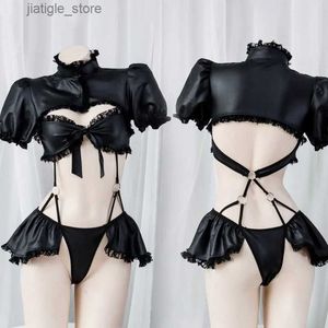 Sexy set Femmes Sexy Lingerie Love Live Cosplay Costumes Club Night Club Girl Pu Leather Bras Maid Optifits Black Halloween Devil Suit New Y240329