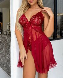 Sexe set Femmes Sexy Nightwear Lace Transparent Lingerie Set T-Back string Ultra-Thin Sleepwear Solid Erotic Underwear Set Lounge Wear 231130