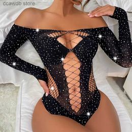 Sexy set vrouwen transparant vissennet sexy body kous fishnet bodysuit lange mouw kristallen diamanten strass bodystocking lingerie t231106